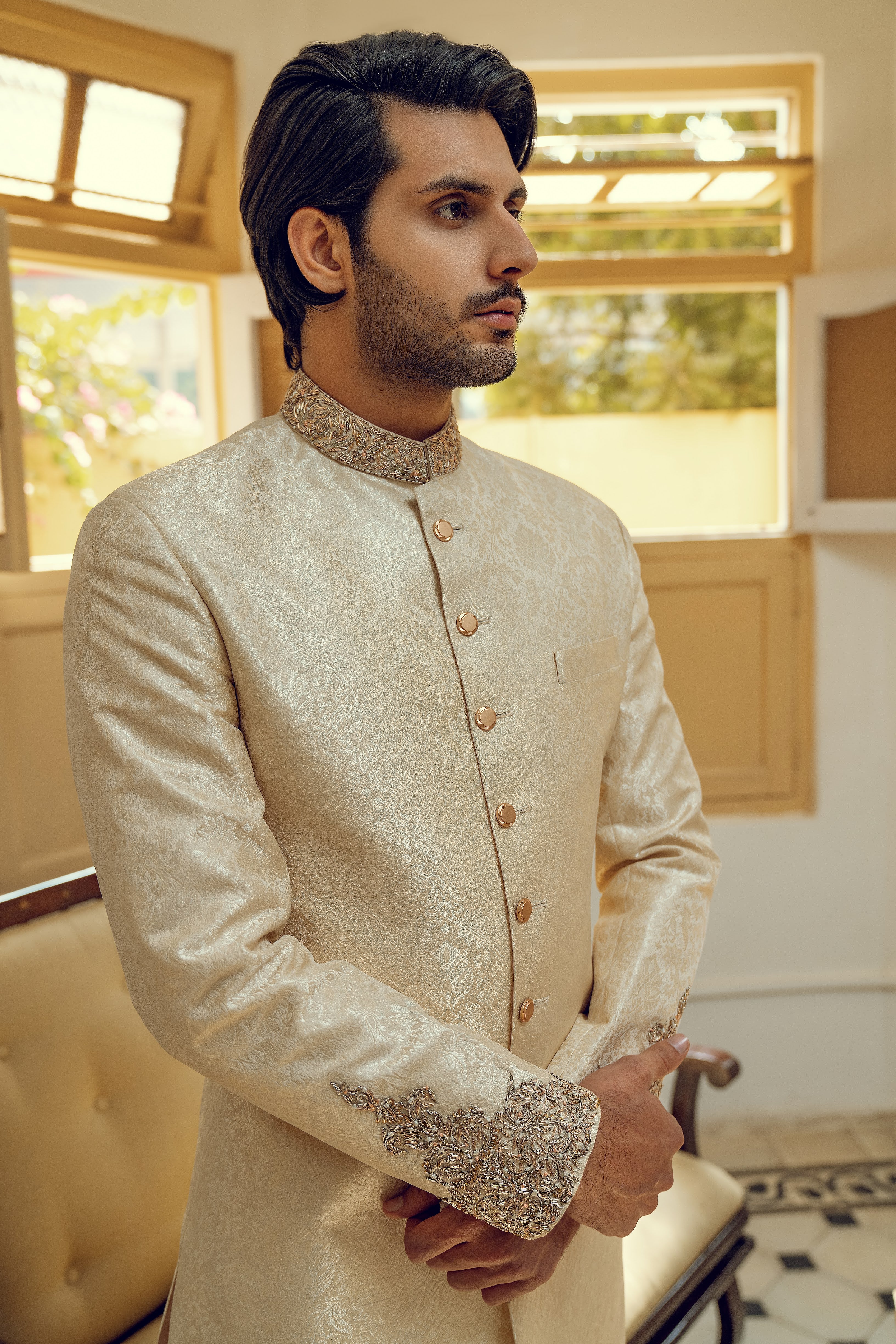 OFF WHITE HAND EMBROIDERED SHERWANI (ORDER VIA BOOK AN APPOINTMENT ONLY)