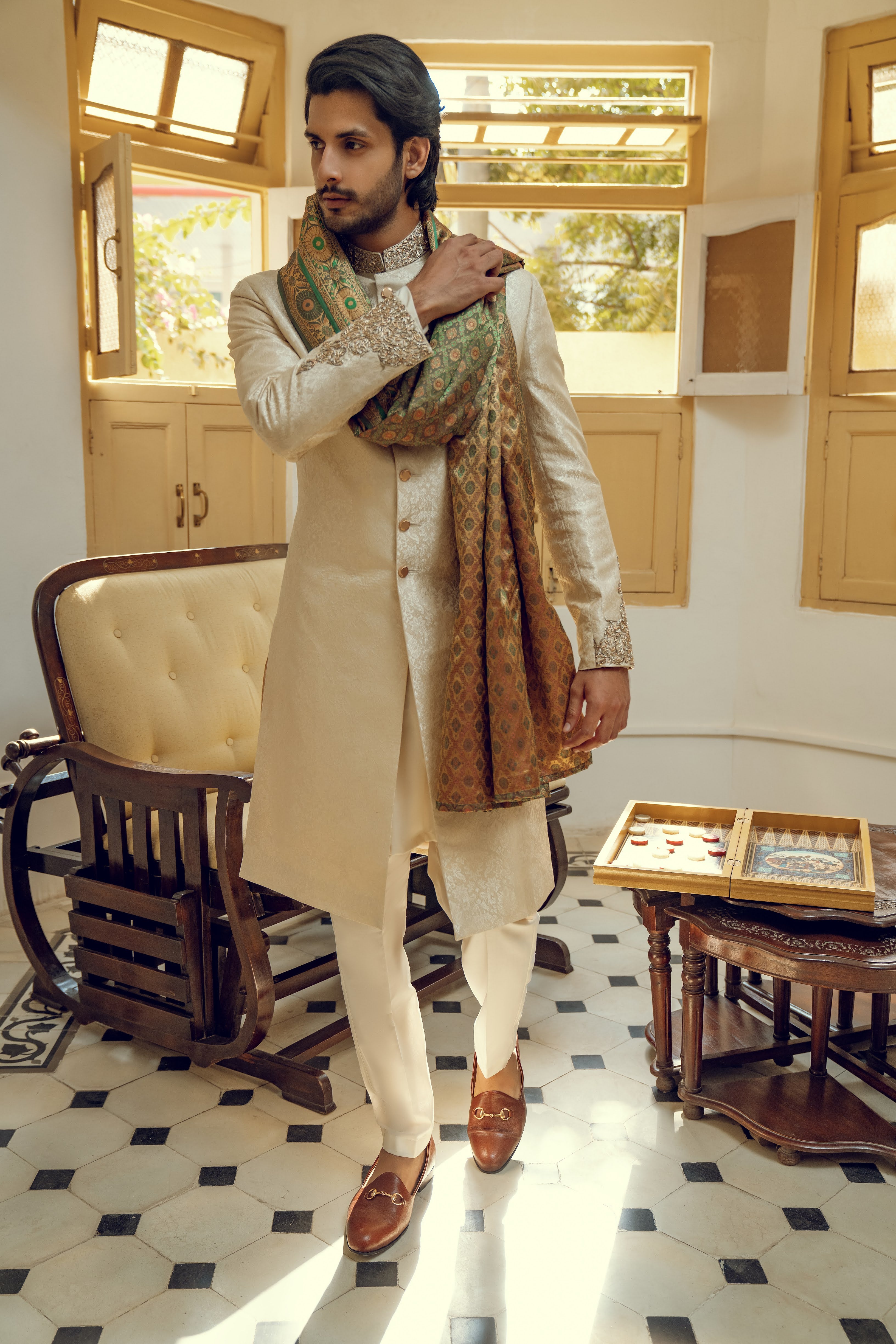 OFF WHITE HAND EMBROIDERED SHERWANI (ORDER VIA BOOK AN APPOINTMENT ONLY)