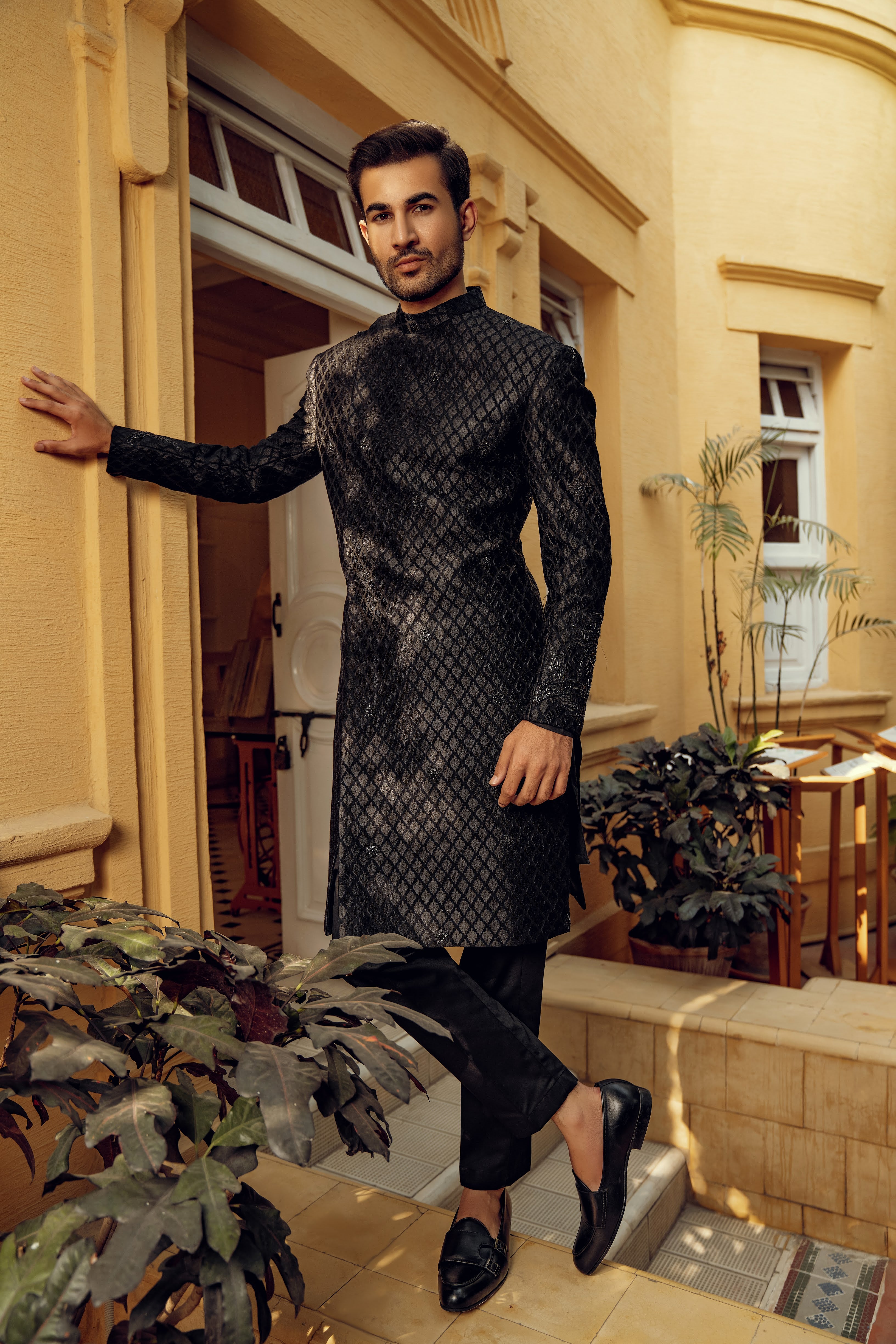 BLACK SHERWANI WITH AFGHANI COLLAR (ORDER VIA BOOK AN APPOINTMENT ONLY)