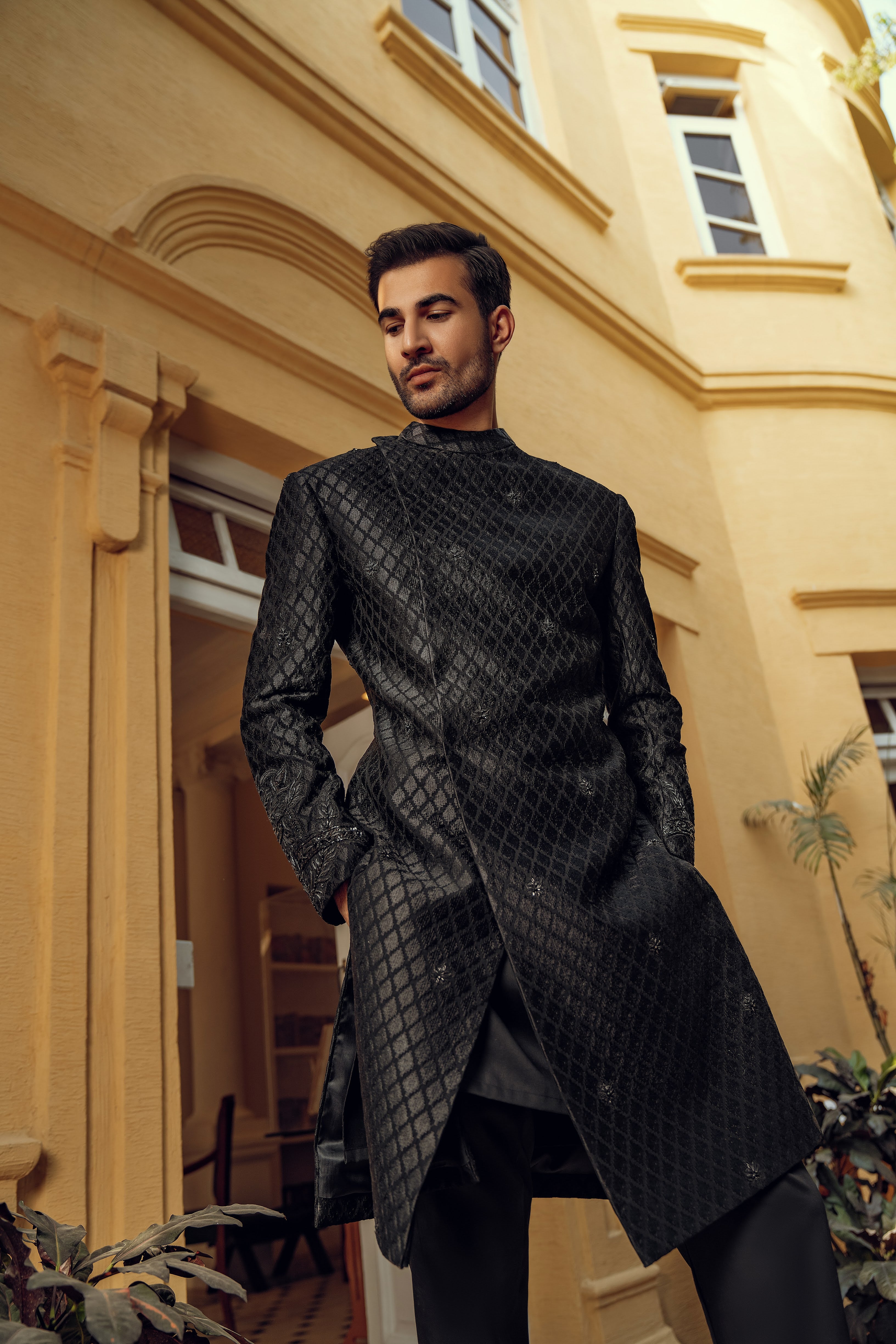 BLACK SHERWANI WITH AFGHANI COLLAR (ORDER VIA BOOK AN APPOINTMENT ONLY)