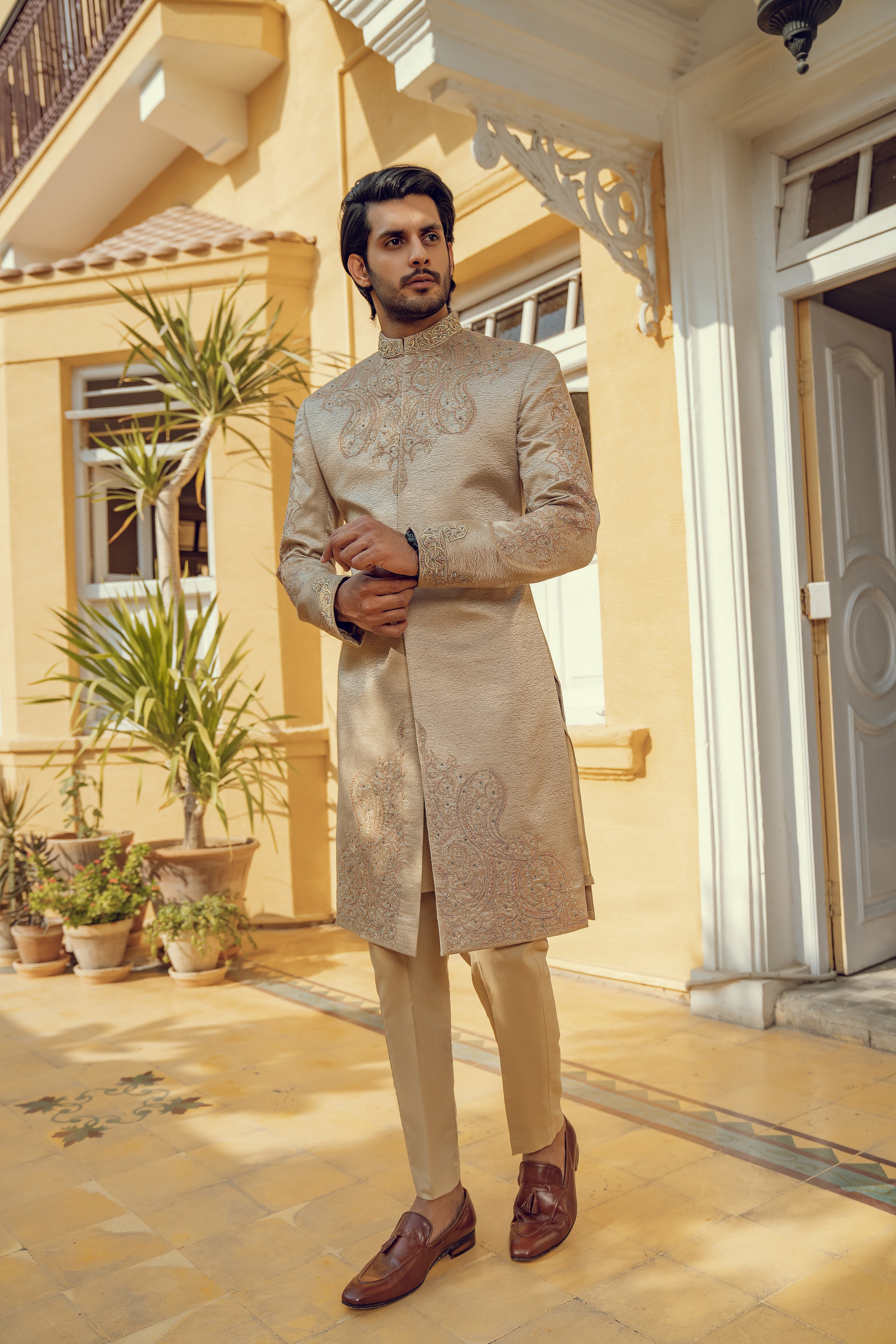 OPULENT BEIGE HAND EMBROIDERED SHERWANI (ORDER VIA BOOK AN APPOINTMENT ONLY)