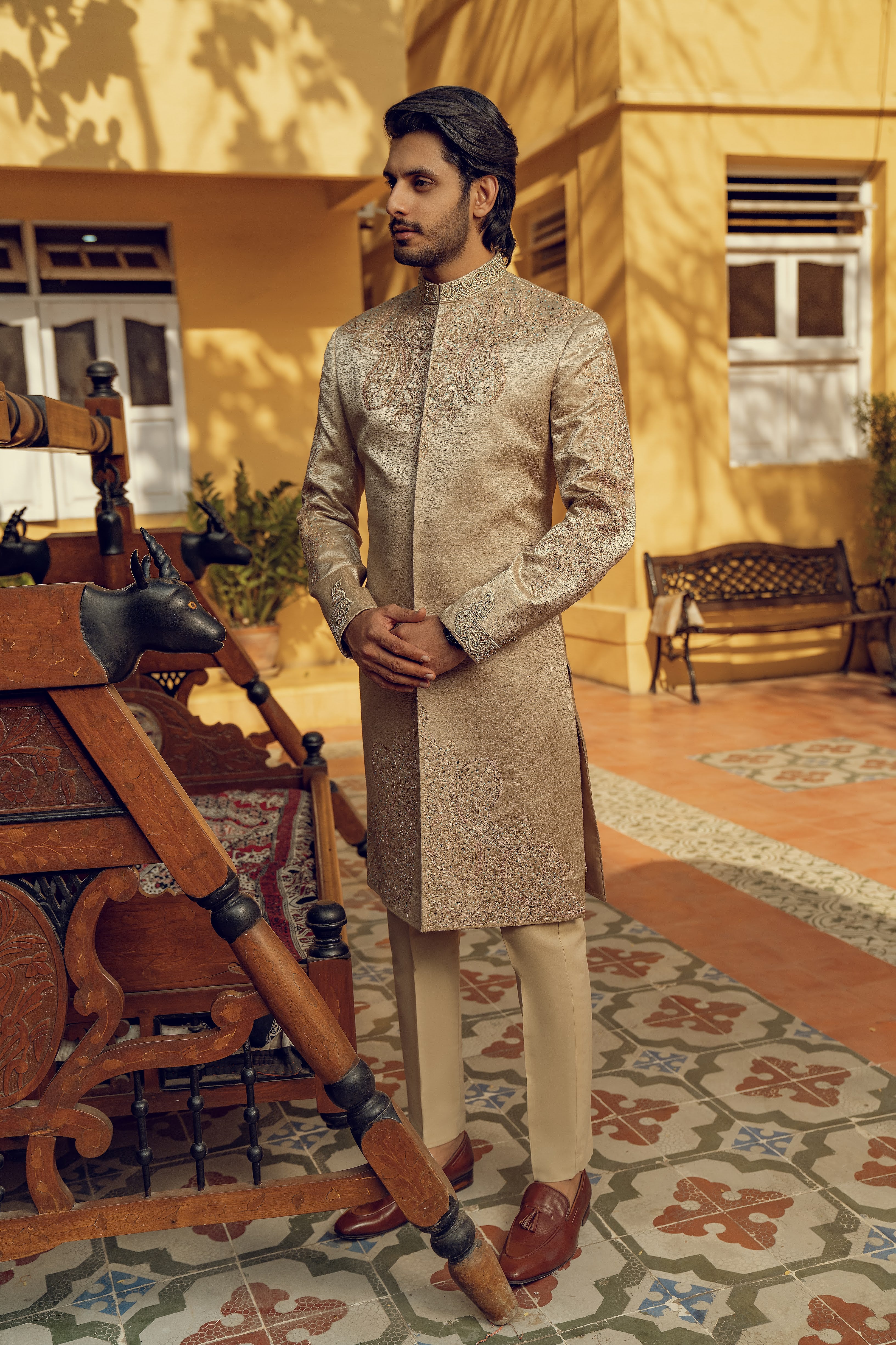 OPULENT BEIGE HAND EMBROIDERED SHERWANI (ORDER VIA BOOK AN APPOINTMENT ONLY)