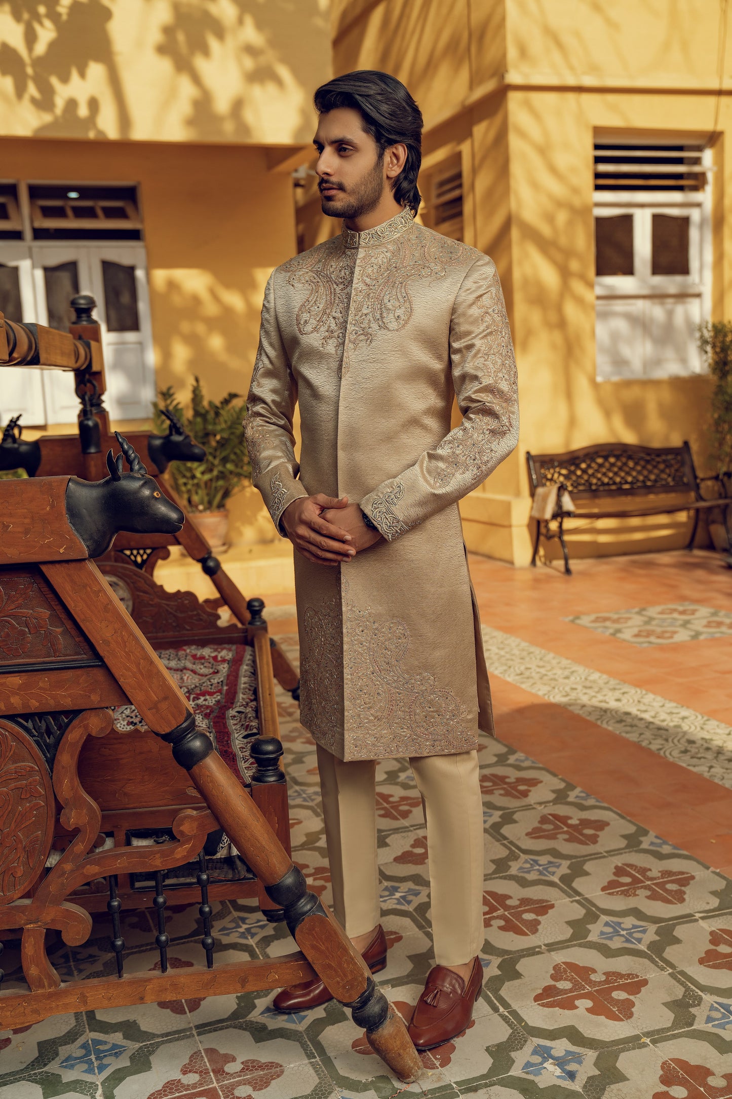 OPULENT BEIGE HAND EMBROIDERED SHERWANI (ORDER VIA BOOK AN APPOINTMENT ONLY)