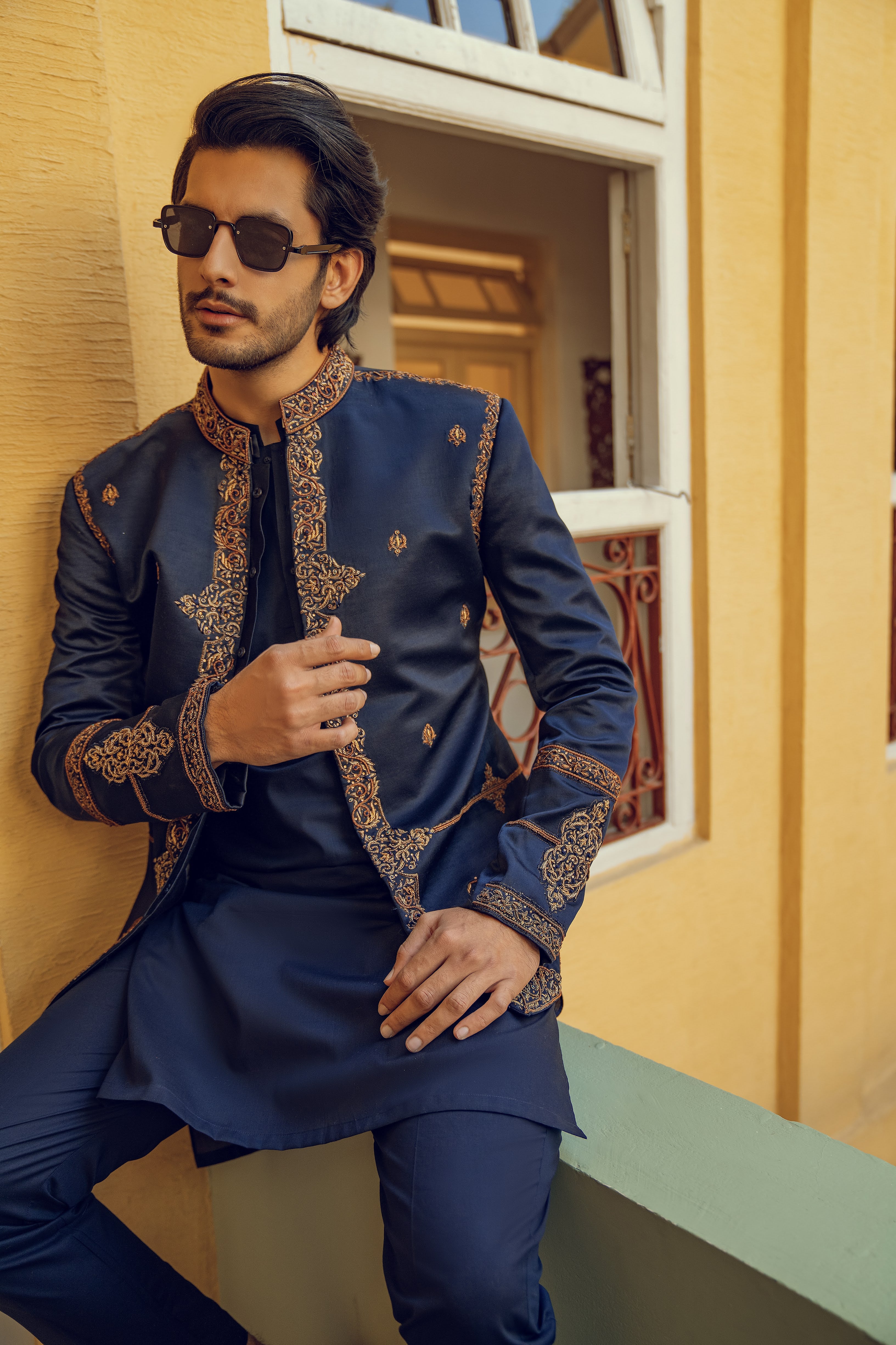 BLUE EMBROIDERED PRINCE COAT with BLUE KURTA PAJAMA