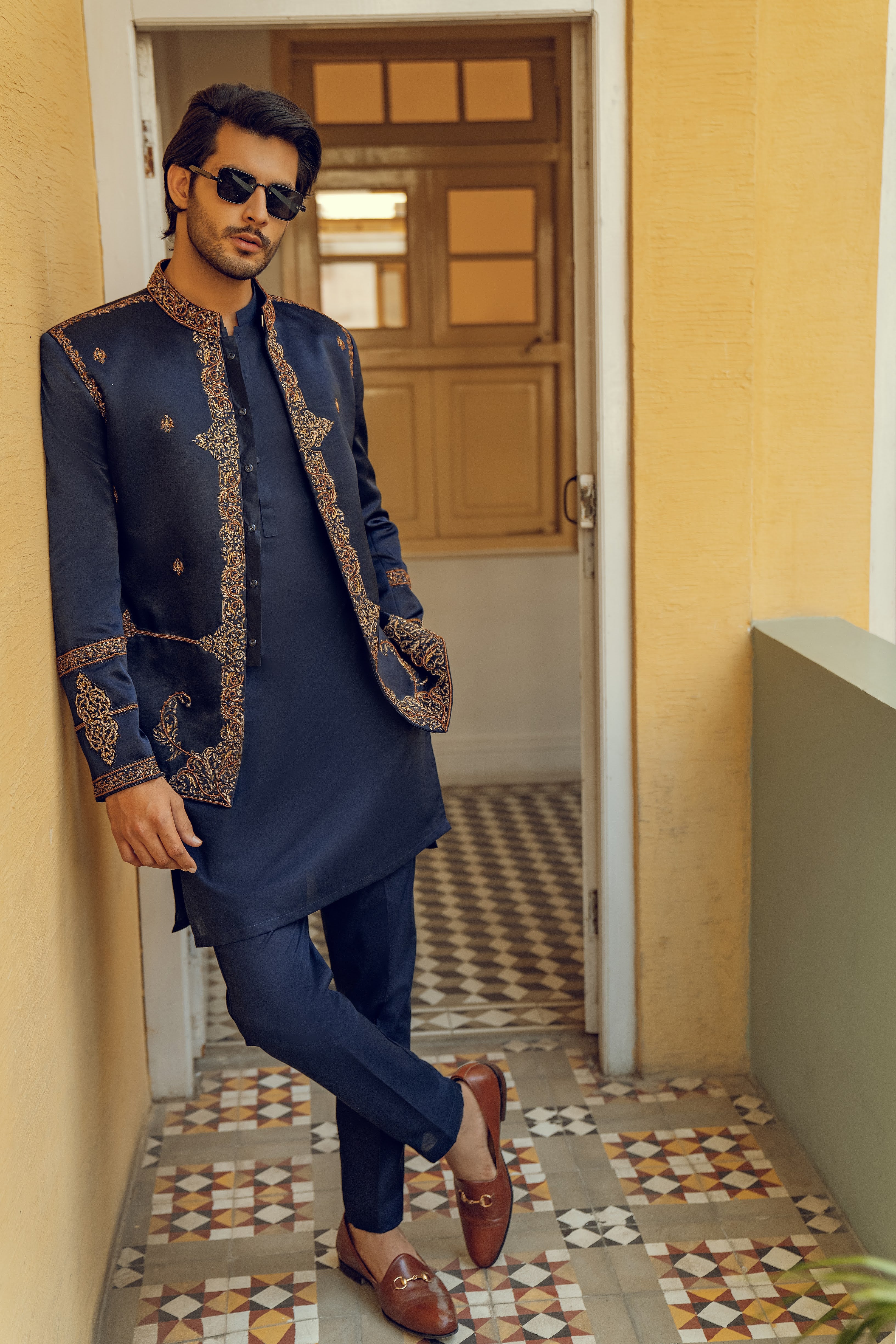 BLUE EMBROIDERED PRINCE COAT with BLUE KURTA PAJAMA