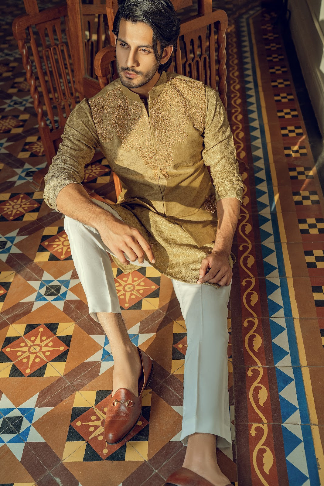 SAGE GREEN FESTIVE KURTA WITH EMBROIDERED WAISTCOAT