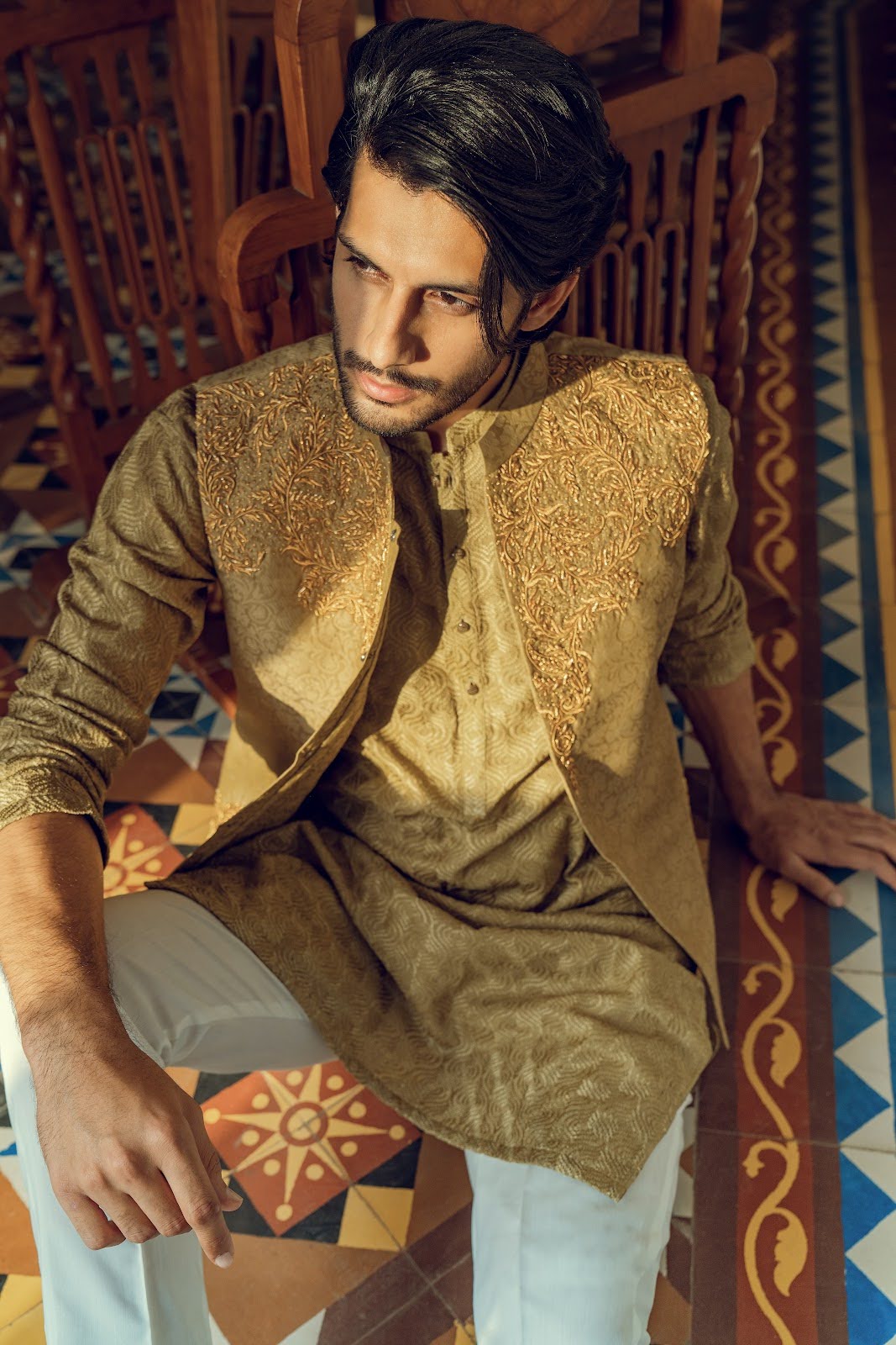 SAGE GREEN FESTIVE KURTA WITH EMBROIDERED WAISTCOAT