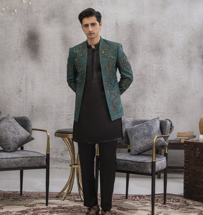 Green Hand-Embroidered Prince Coat Set with Black Kurta Pajama