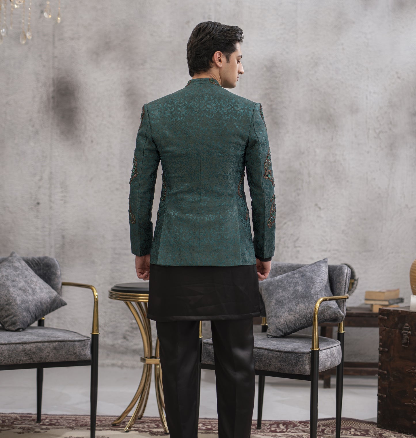 Green Hand-Embroidered Prince Coat Set with Black Kurta Pajama