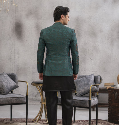 Green Hand-Embroidered Prince Coat Set with Black Kurta Pajama