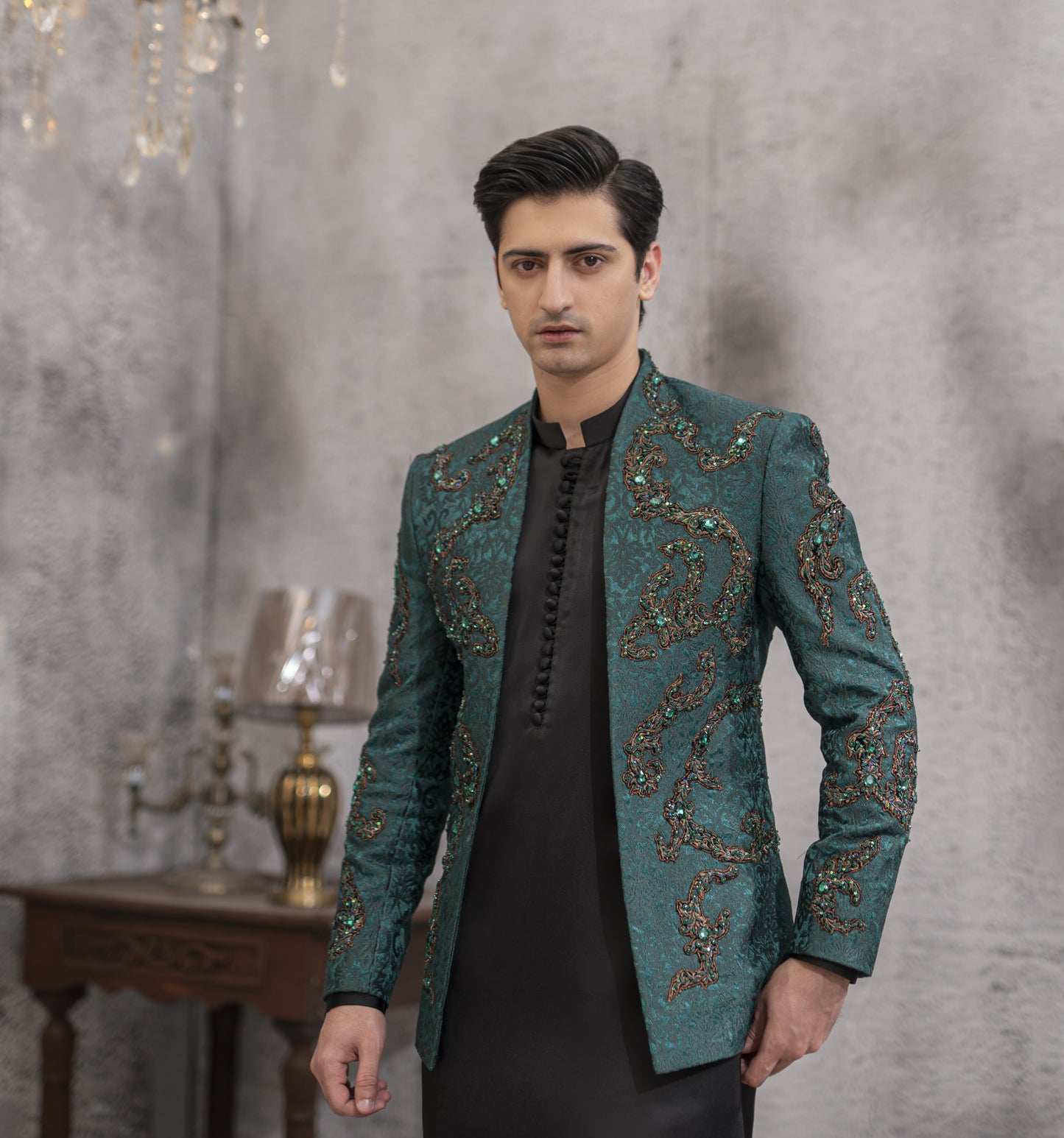 Green Hand-Embroidered Prince Coat Set with Black Kurta Pajama