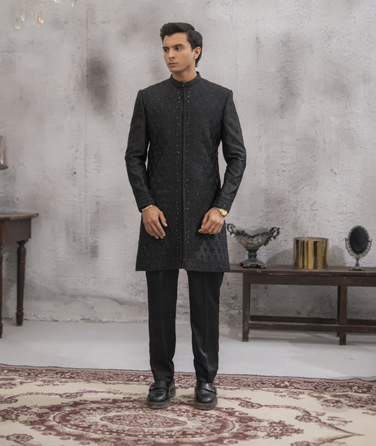 Black Hand-Embroidered Short Sherwani