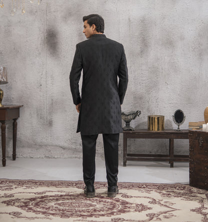 Black Hand-Embroidered Short Sherwani