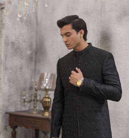 Black Hand-Embroidered Short Sherwani