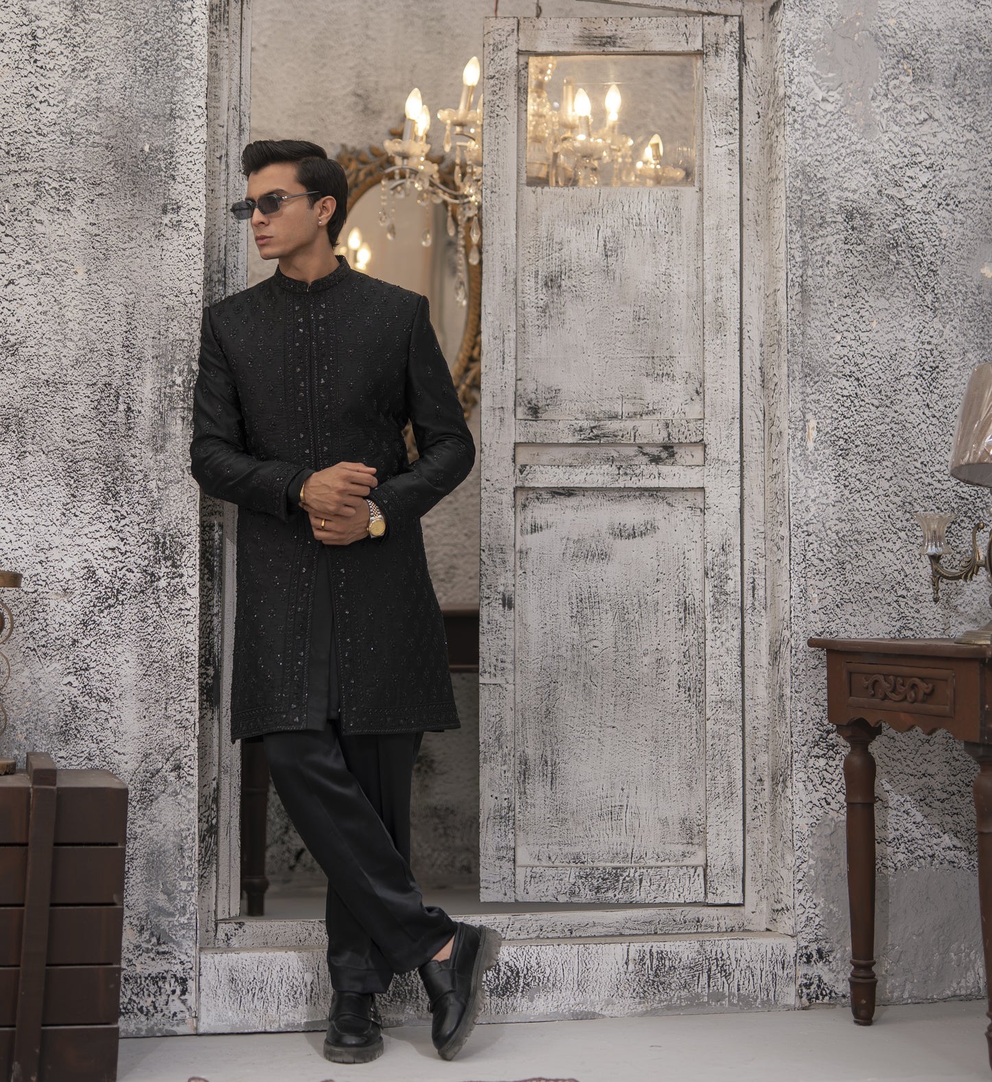 Black Hand-Embroidered Short Sherwani