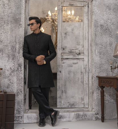 Black Hand-Embroidered Short Sherwani