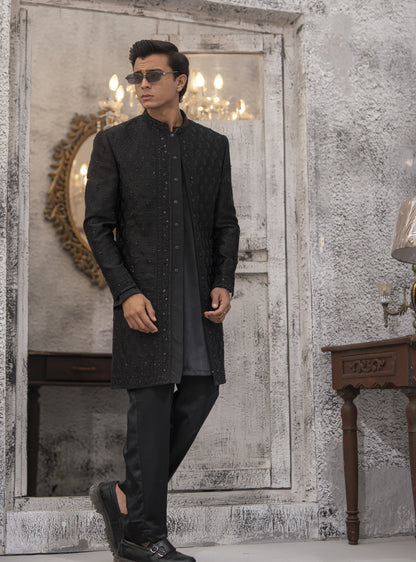 Black Hand-Embroidered Short Sherwani