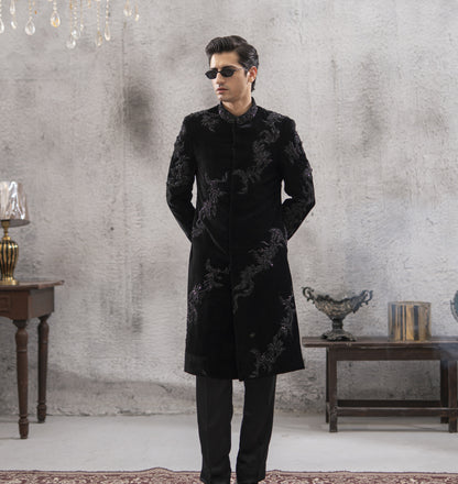 Black Velvet Hand-Embroidered Sherwani