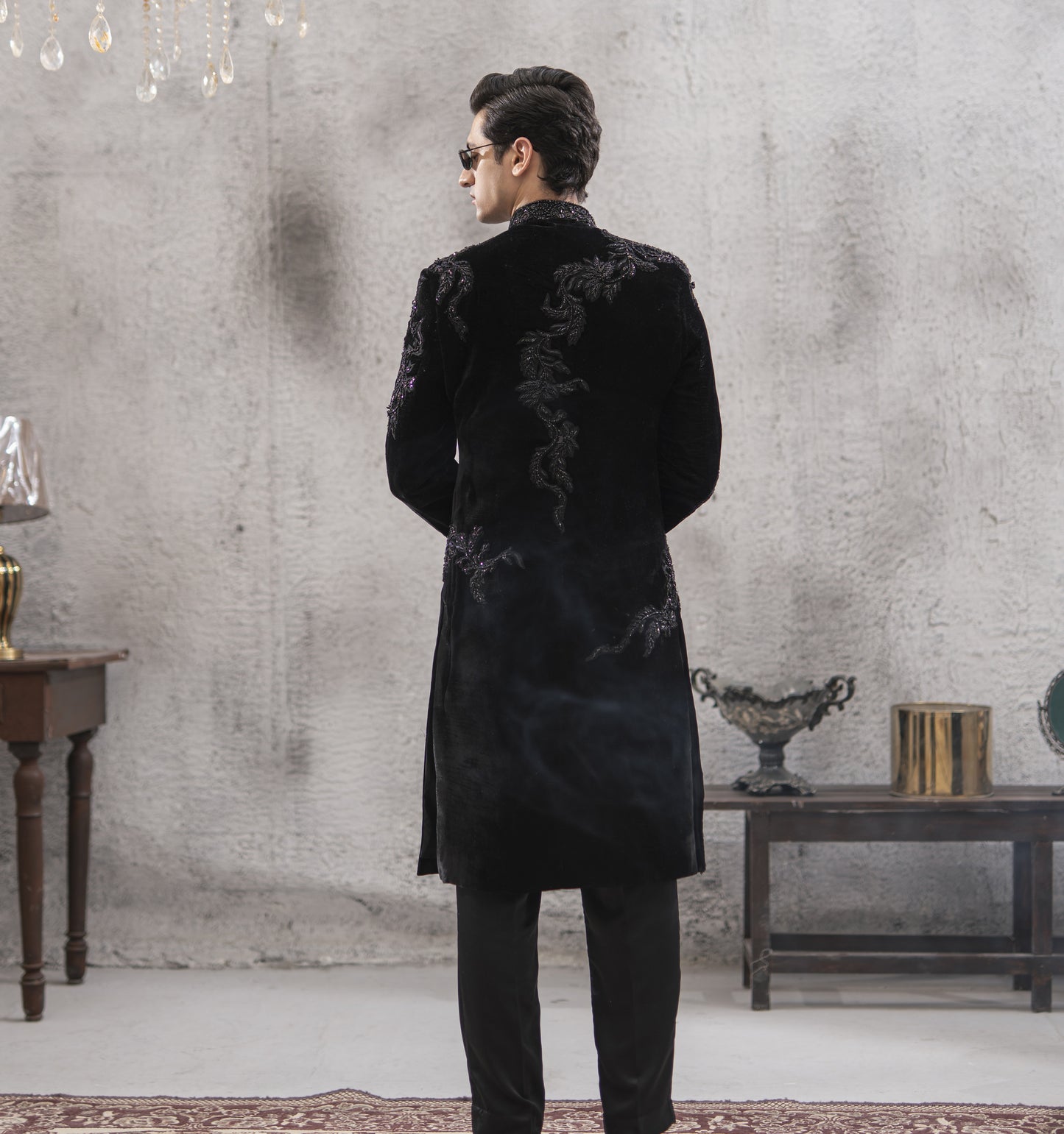Black Velvet Hand-Embroidered Sherwani