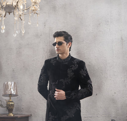 Black Velvet Hand-Embroidered Sherwani
