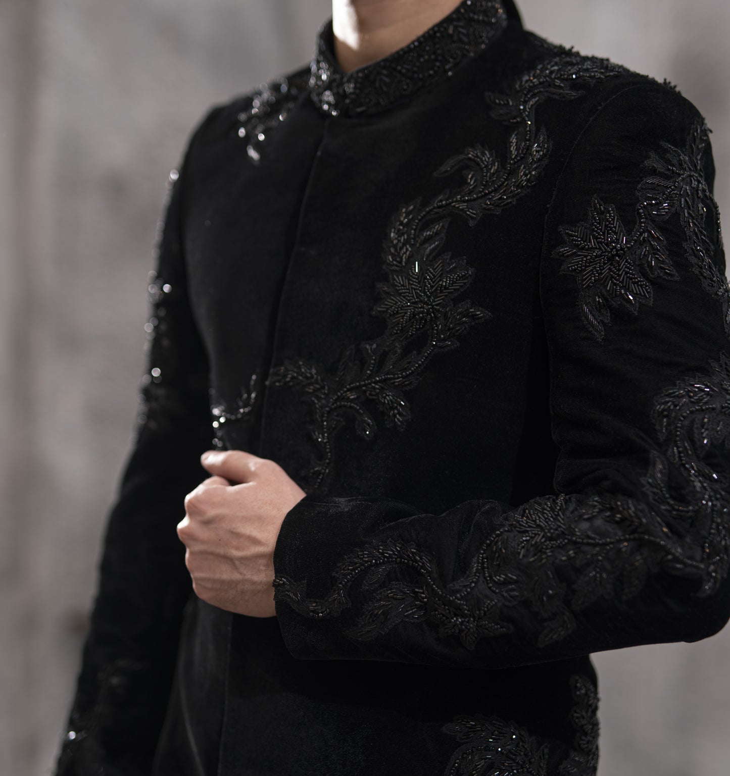 Black Velvet Hand-Embroidered Sherwani