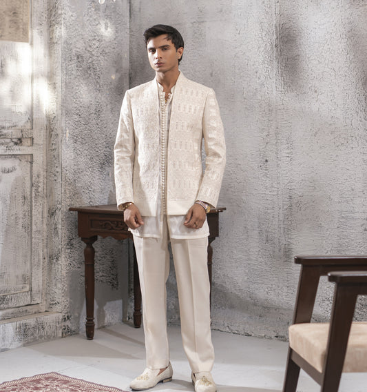 White Machine-Embroidered Open Prince Coat Set with Inner & Pajamas