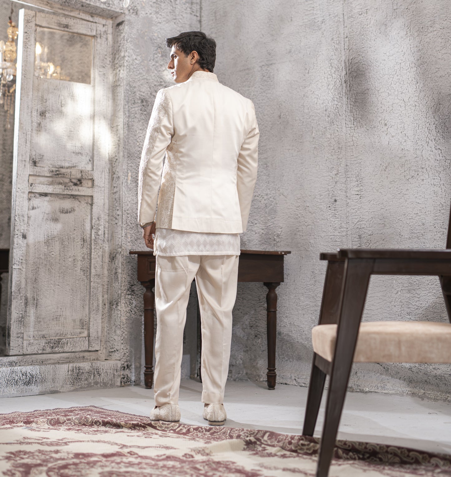 White Machine-Embroidered Open Prince Coat Set with Inner & Pajamas