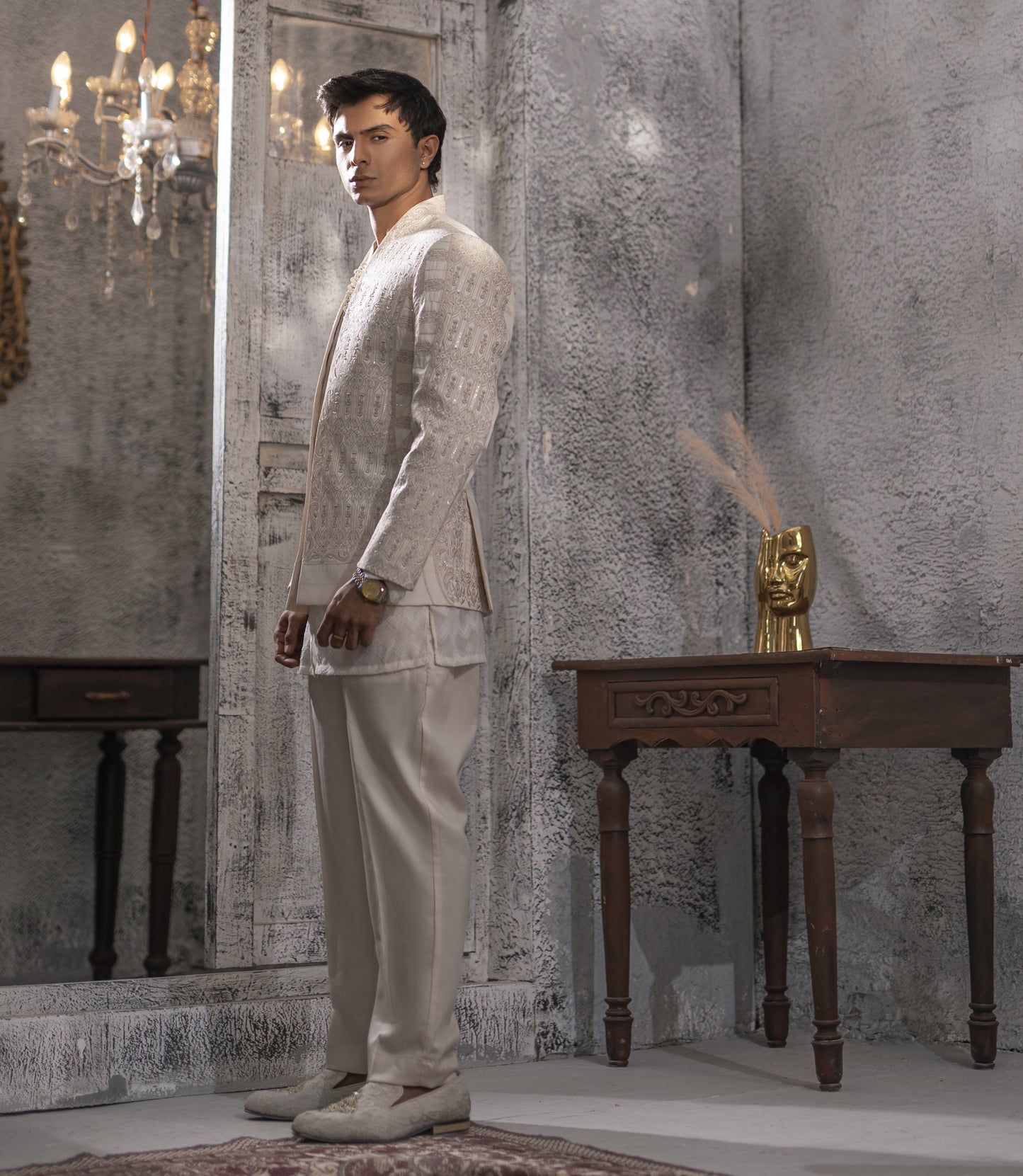 White Machine-Embroidered Open Prince Coat Set with Inner & Pajamas