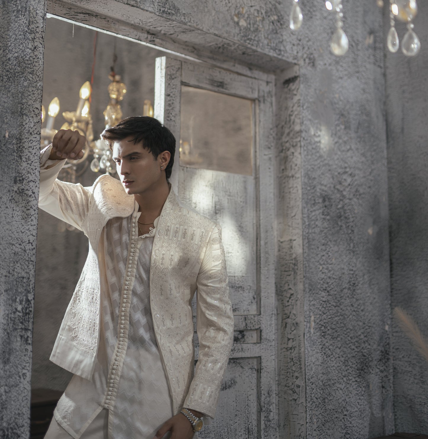 White Machine-Embroidered Open Prince Coat Set with Inner & Pajamas