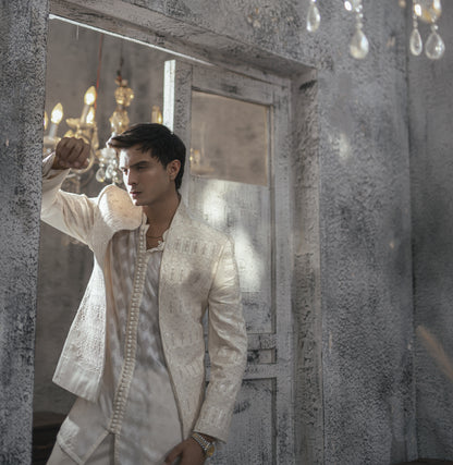 White Machine-Embroidered Open Prince Coat Set with Inner & Pajamas