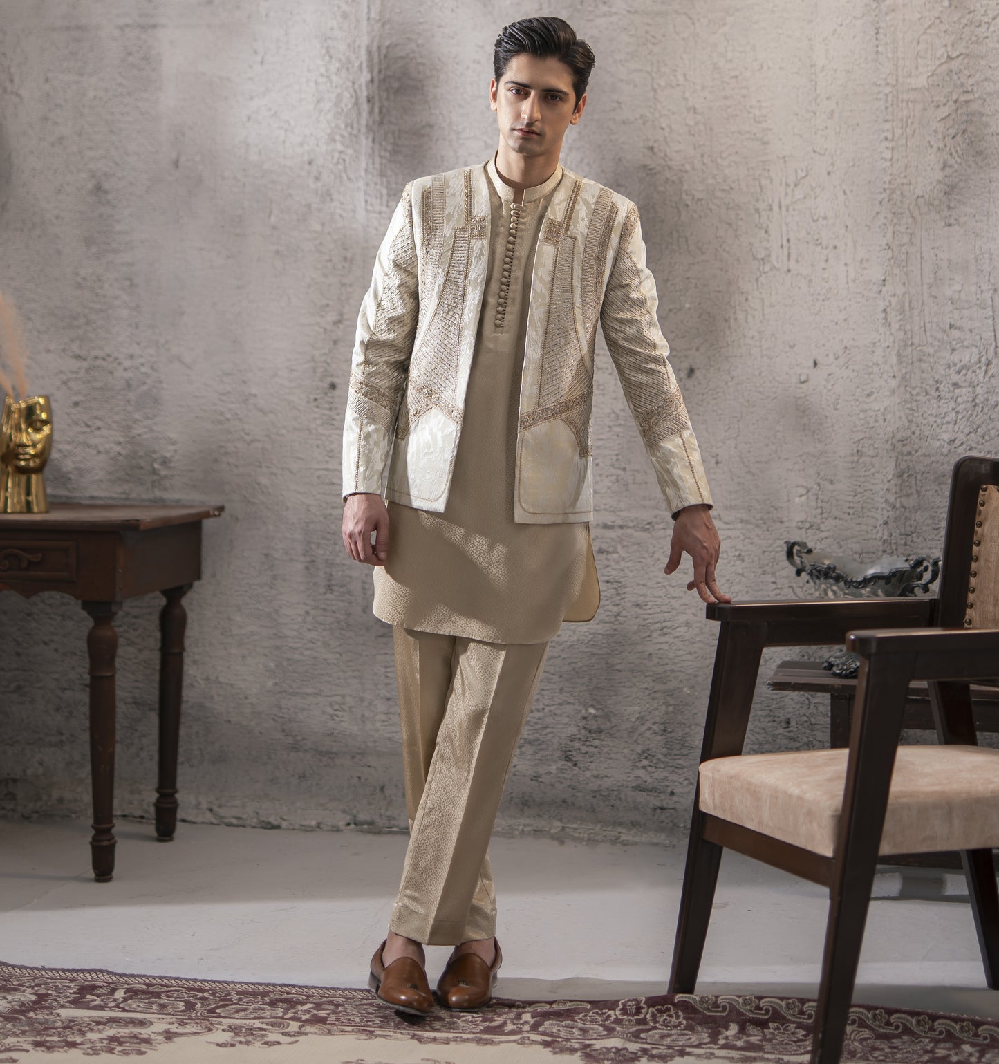 Greyish Hand-Embroidered Monkey Jacket Set