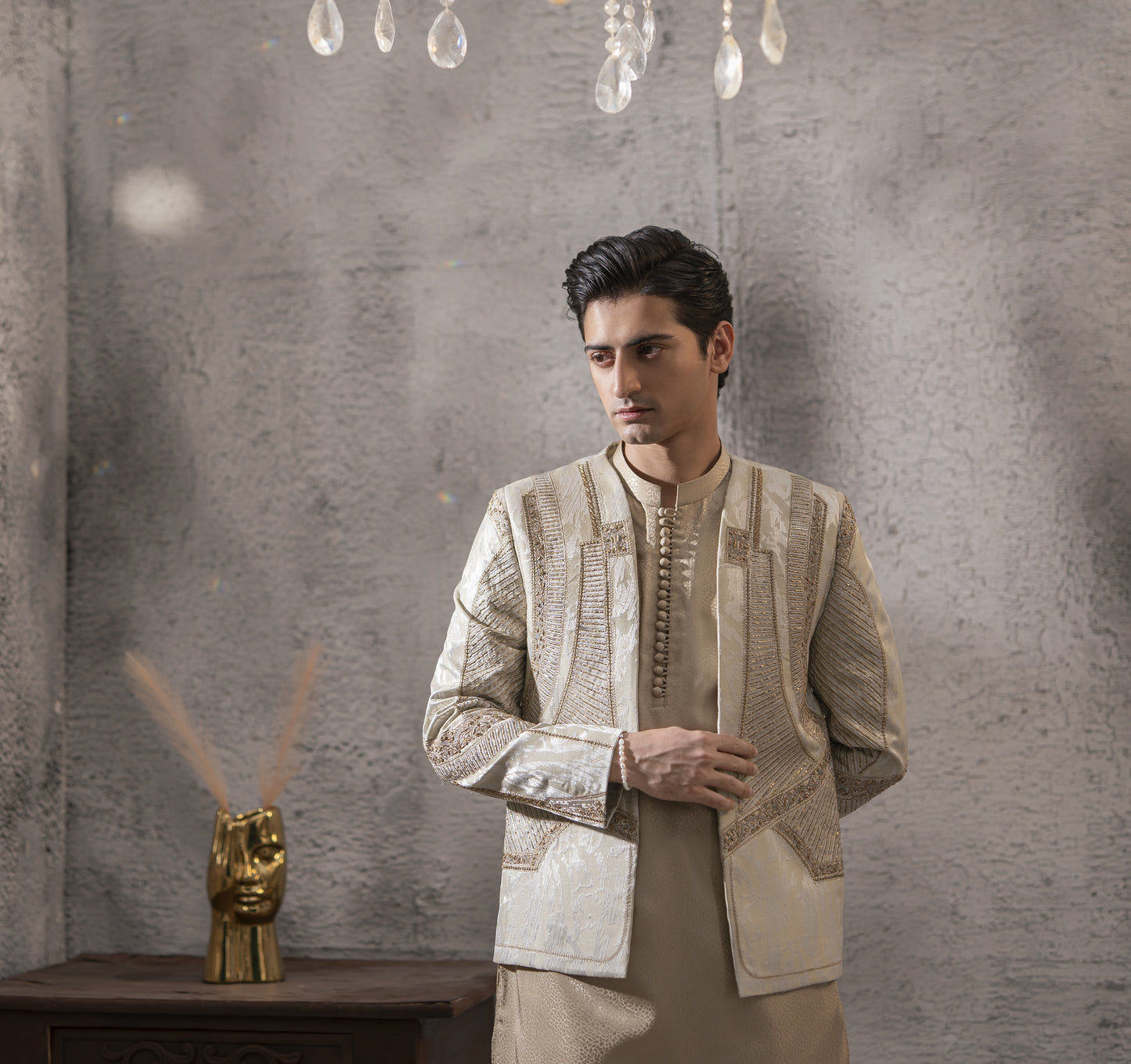 Greyish Hand-Embroidered Monkey Jacket Set