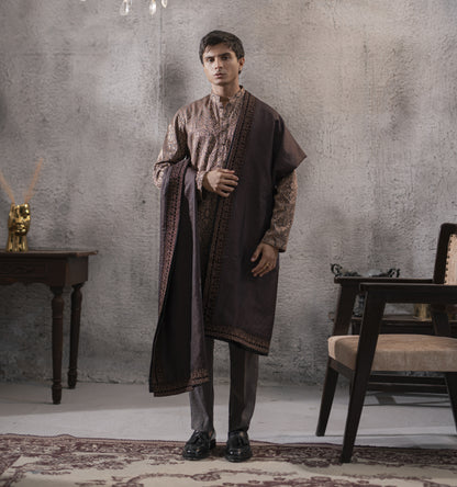 Machine Embroidered Kurta Set with Shawl