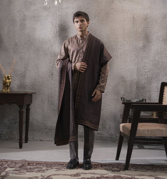 Machine Embroidered Kurta Set with Shawl