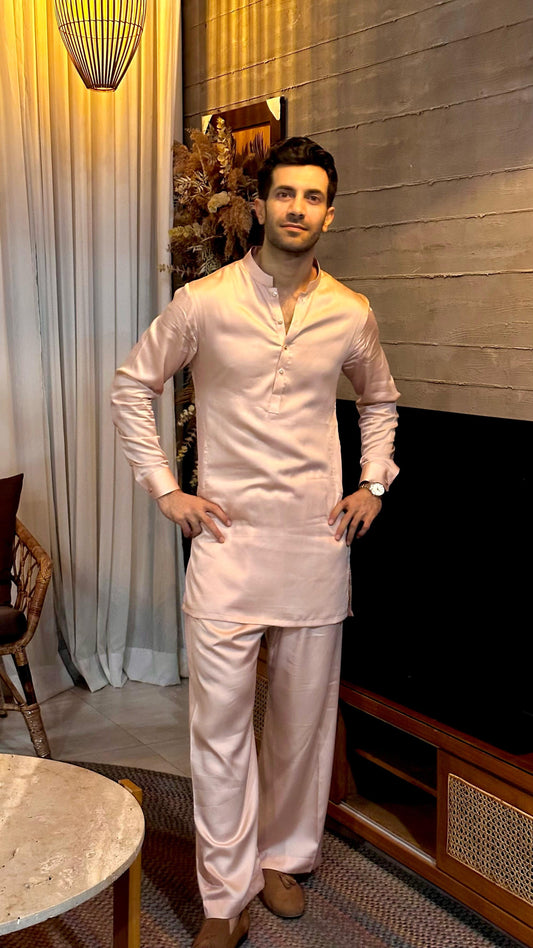 Pink Satin Plain Short Kurta Pajama