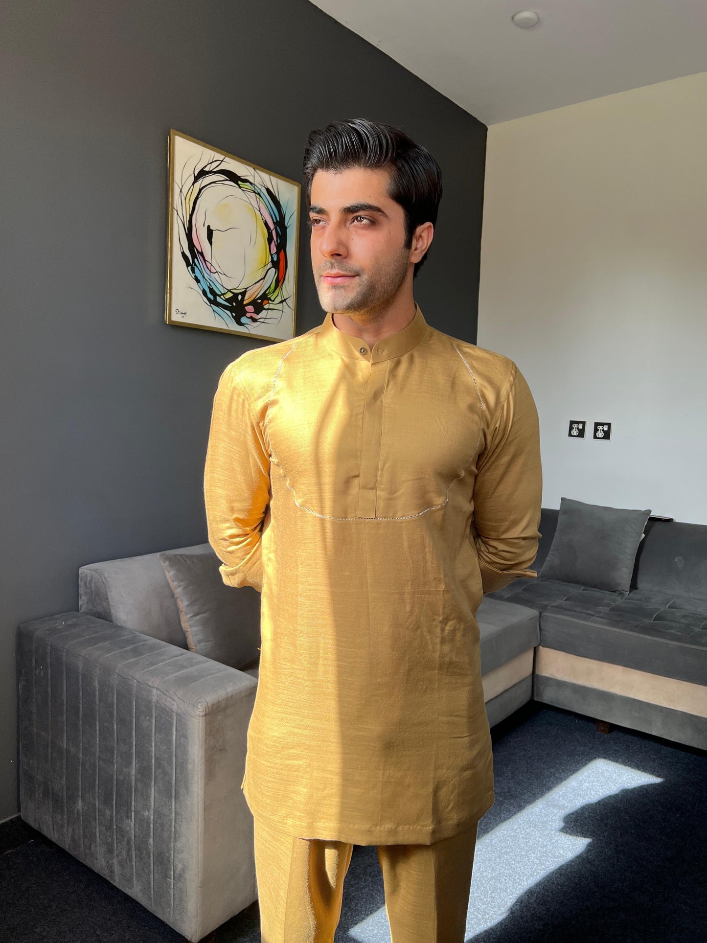 Golden Nawabi Short Kurta with Bell Bottoms