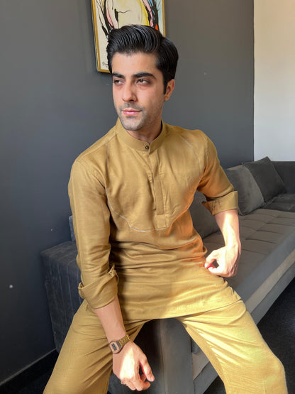 Golden Nawabi Short Kurta with Bell Bottoms