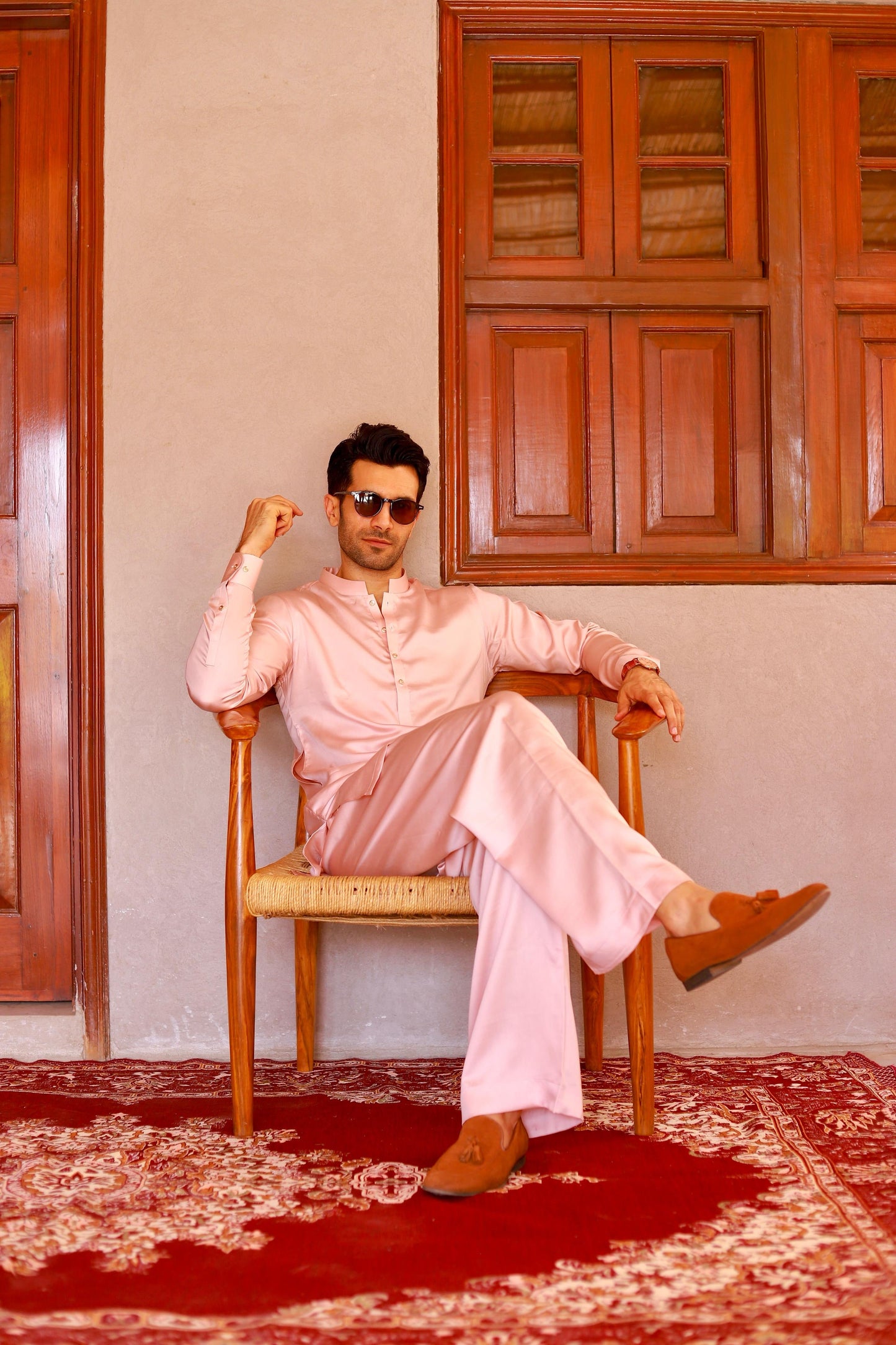 Pink Satin Plain Short Kurta Pajama