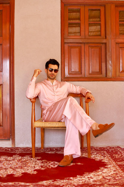 Pink Satin Plain Short Kurta Pajama