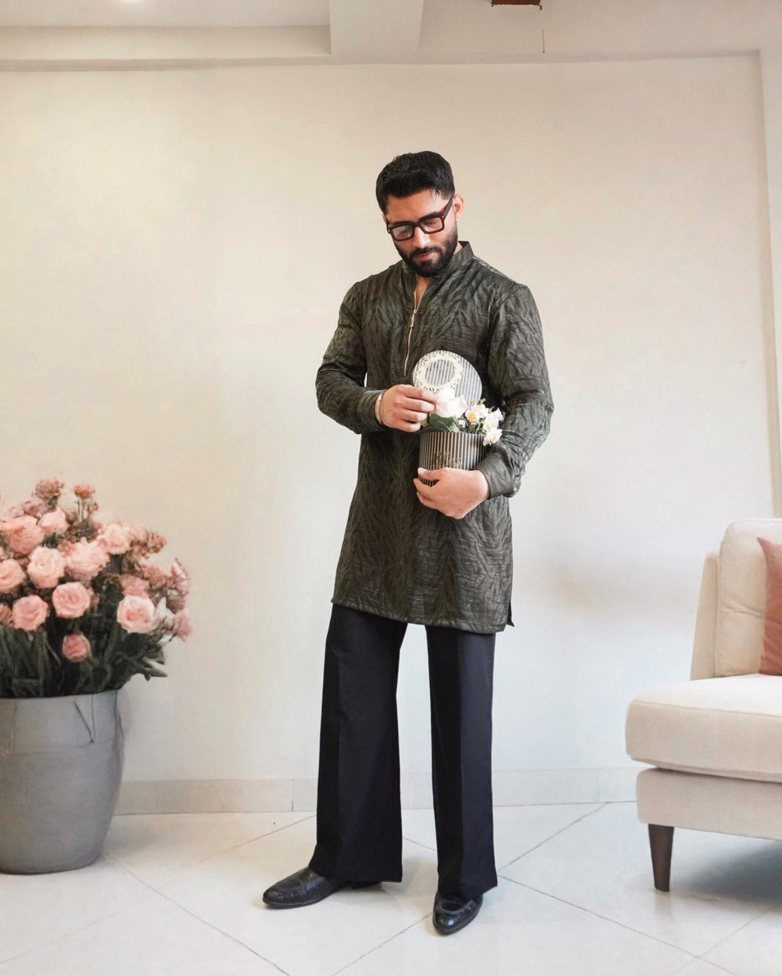 Green zipper kurta with bell bottoms trouser
