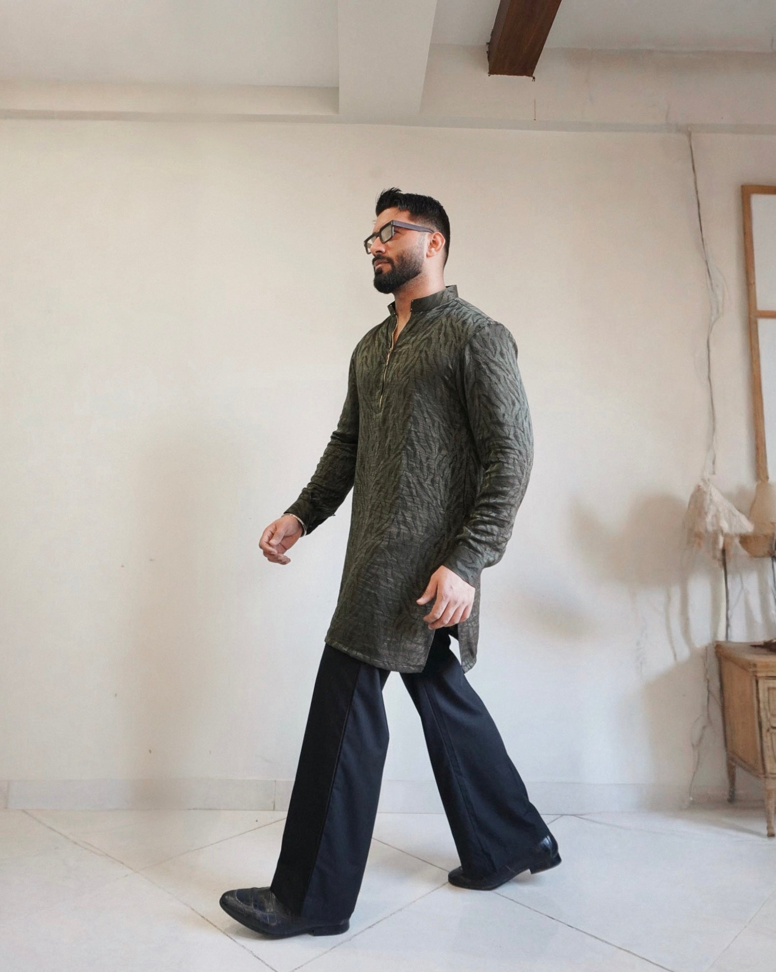 Green zipper kurta with bell bottoms trouser