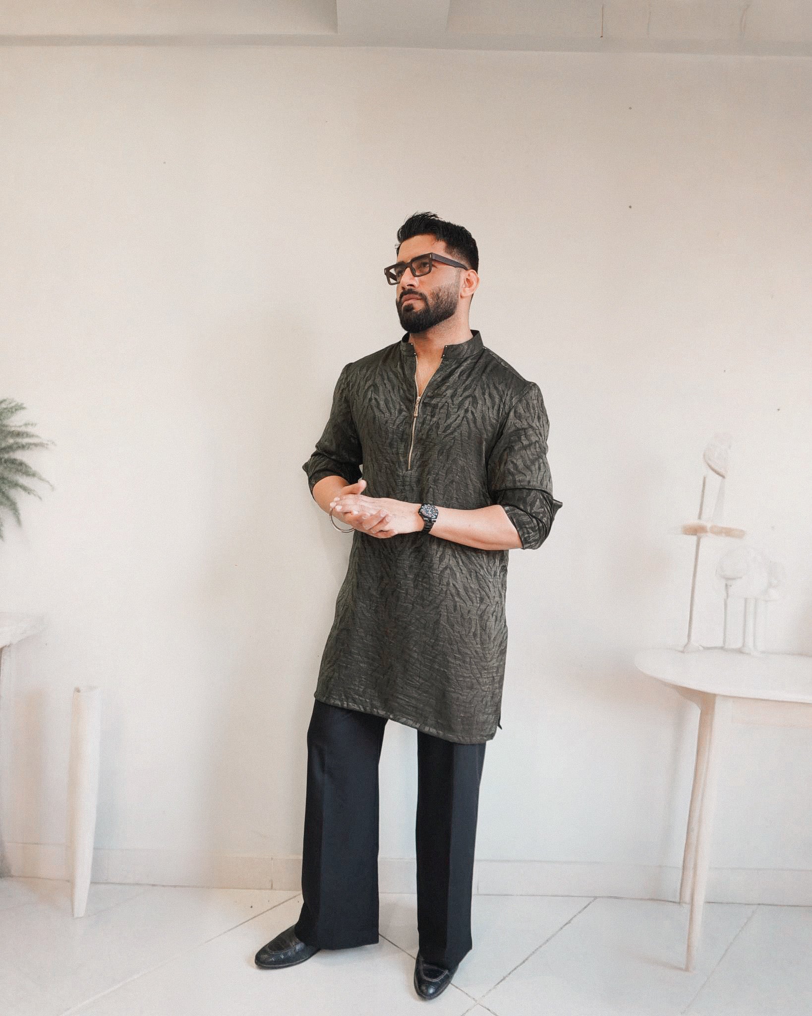 Green zipper kurta with bell bottoms trouser