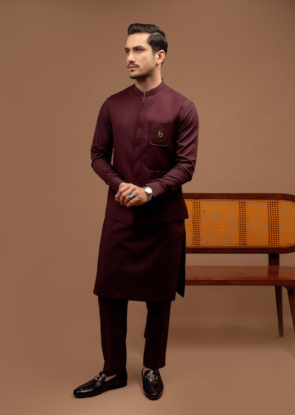 Round Collarless Maroon Waistcoat with Pocket