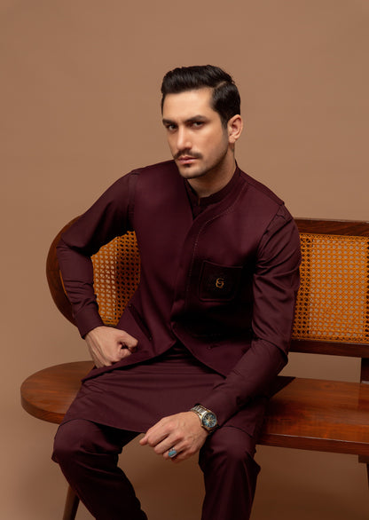 Round Collarless Maroon Waistcoat with Pocket