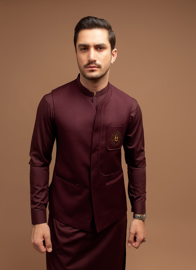Round Collarless Maroon Waistcoat with Pocket
