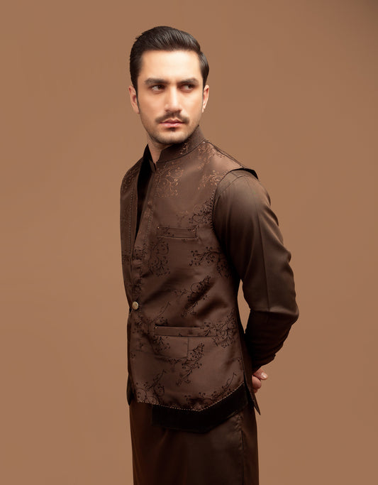Embroidered Dark Brown Single Button Velvet Waist Coat