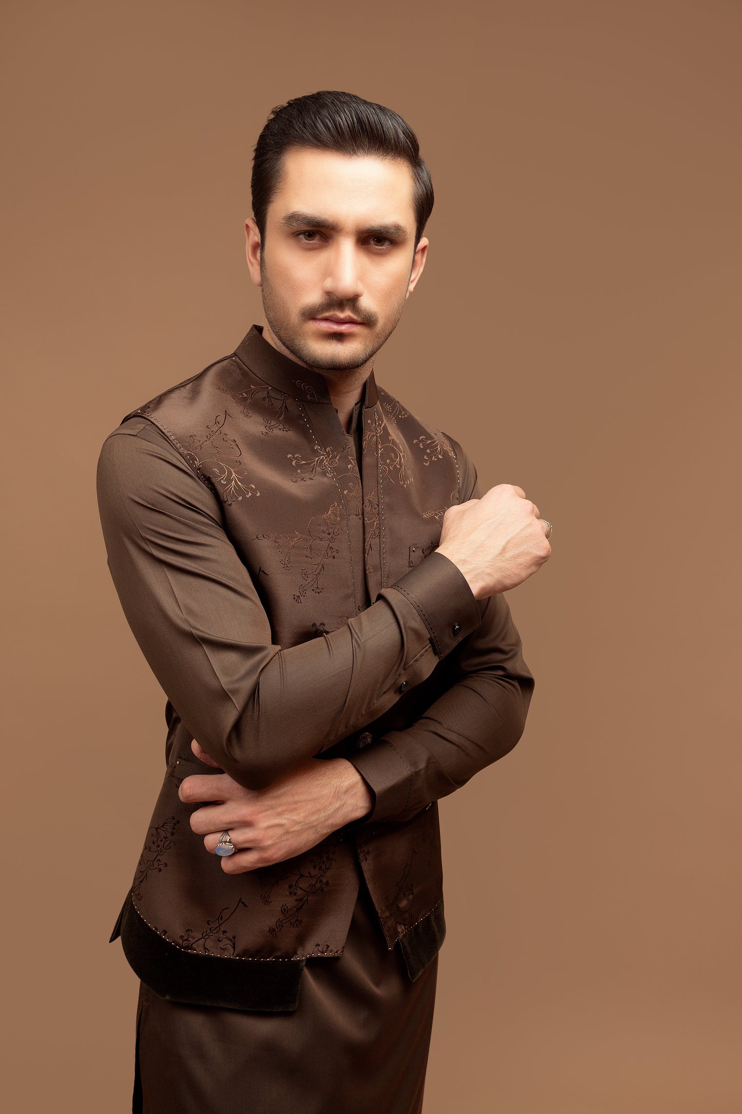 Embroidered Dark Brown Single Button Velvet Waist Coat
