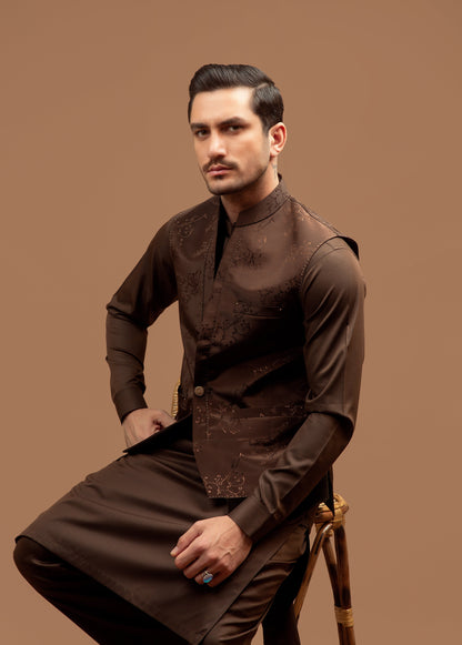 Embroidered Dark Brown Single Button Velvet Waist Coat