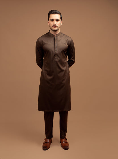 Dark Brown Kurta Pajama Minor Detailing