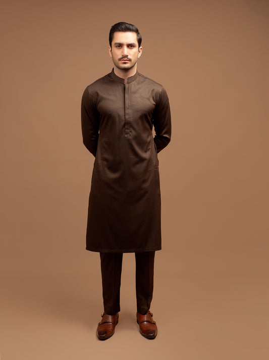 Dark Brown Kurta Pajama Minor Detailing